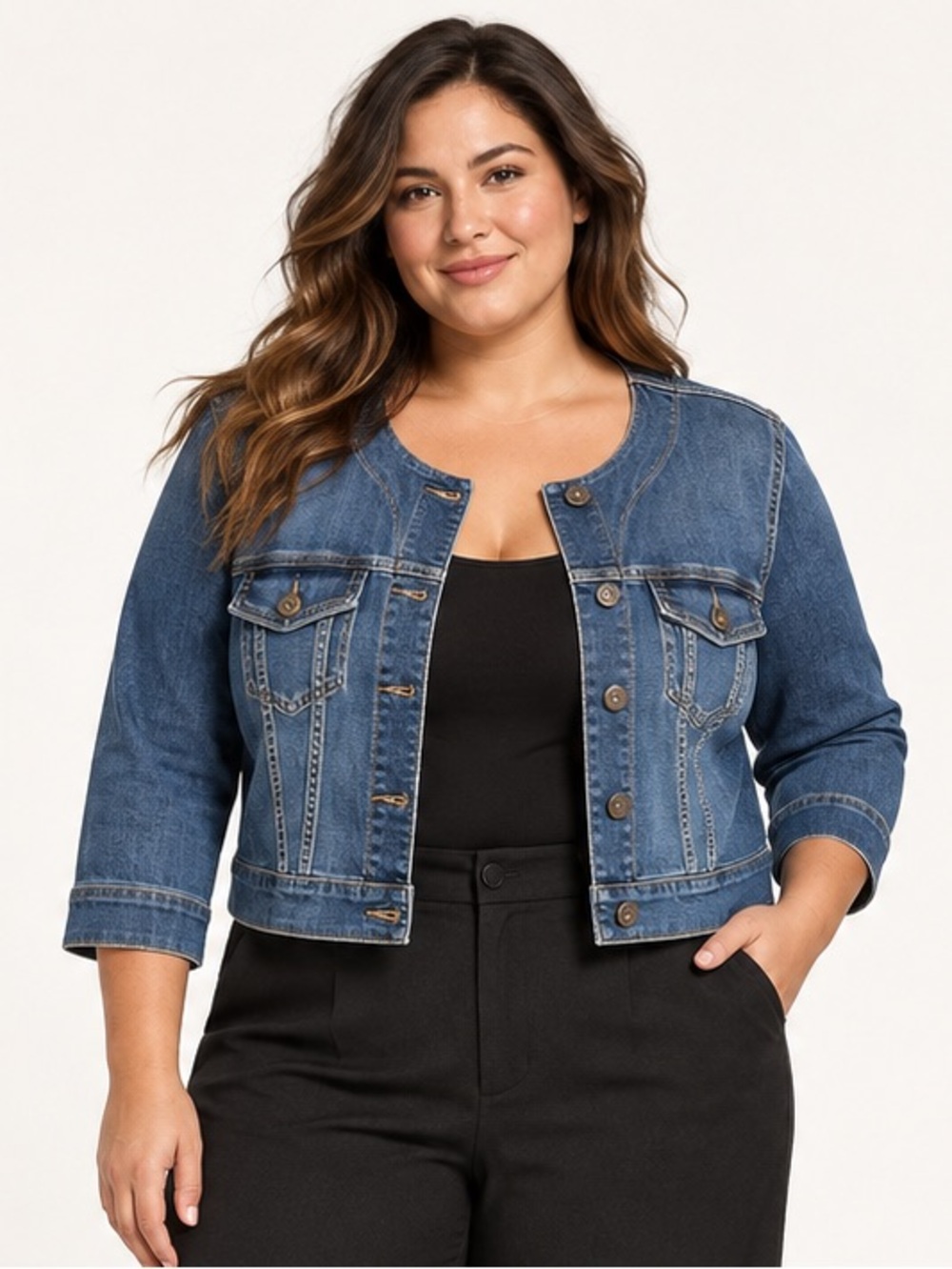 Torrid Size 1 Collarless Cropped Stretch Denim Jacket 3/4 Sleeve